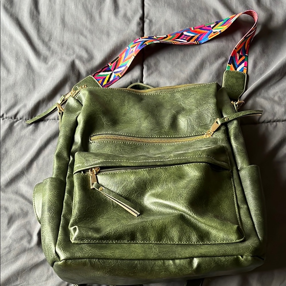 Olive Green Women's Shoulder Bag with Multicolor Strap